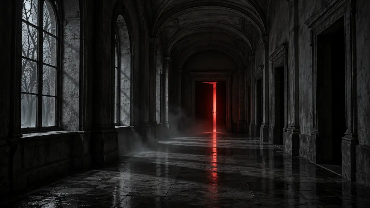 An imagined deserted stone hallway with red light spilling from a distant doorway.